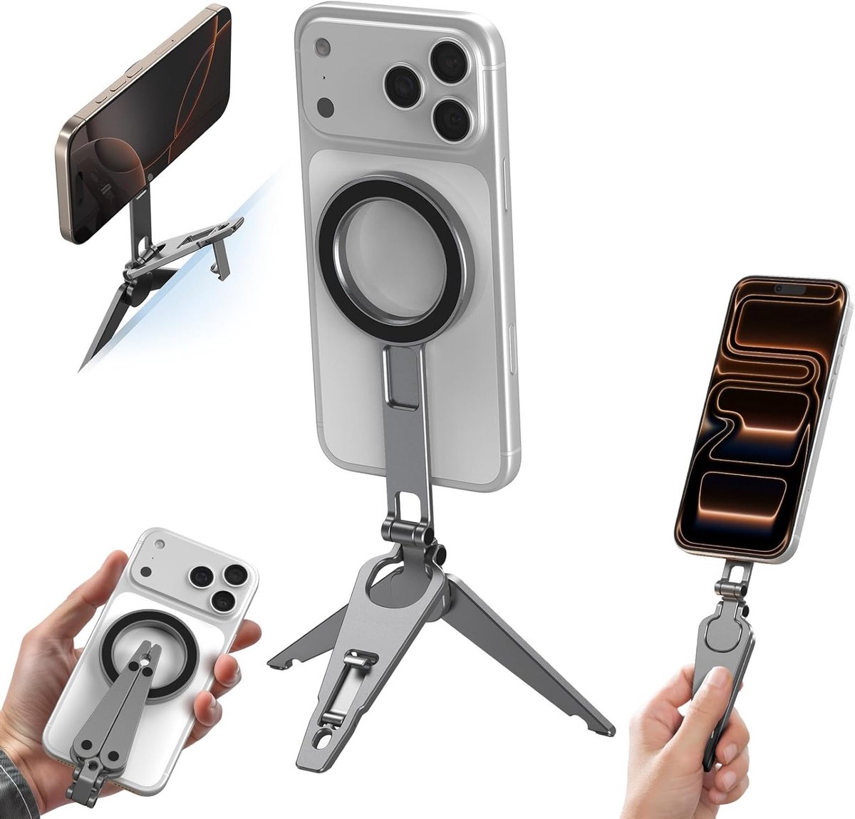Dubbele Magnetische Telefoonstatief met Metaal Telefoonhouder, 270° Verstelbare Mini Pocket Tripod voor iPhone 17/16/15/14/13 Series en Andere Smartphones