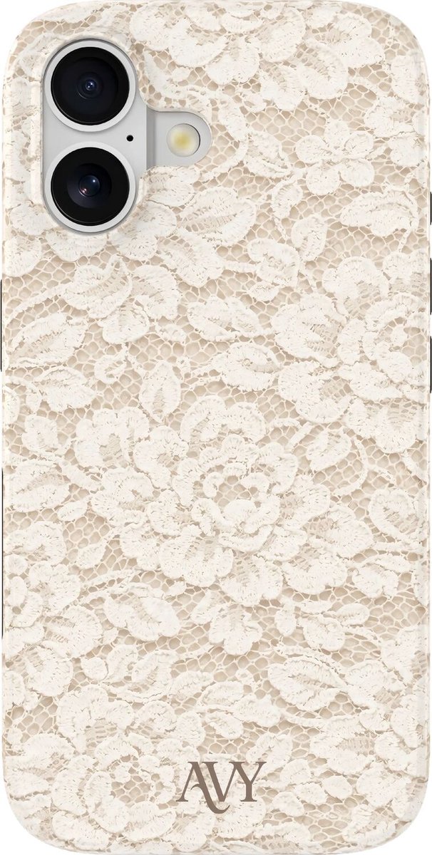 AVY Hoesje geschikt voor Apple iPhone 16 | Vintage Lace | Kant | Beige | Hard Shell Back Cover | Compatibel met MagSafe & Qi2