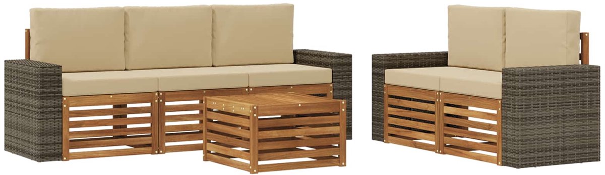 vidaXL Buiten - bank - set - 6 - st - 5-zits - Natuurlijk - en - Beige Natuurlijk en Beige