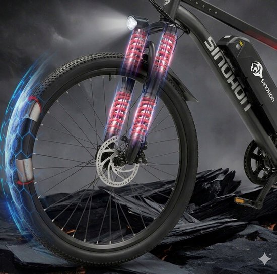 Voorwiel van een zwarte elektrische mountainbike met rode gloeiende schokdempers en blauwe energiestromen.