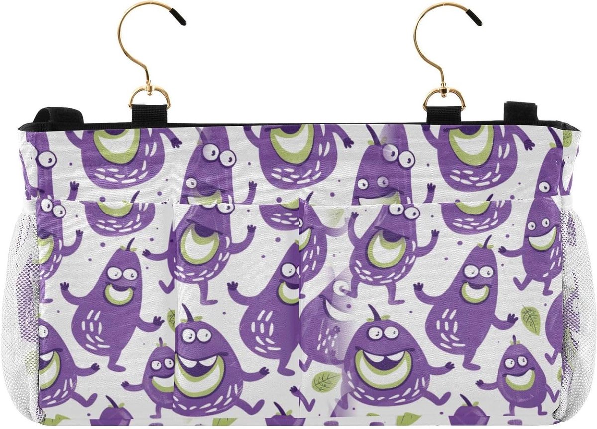 Nachtkastje Opbergtas - Bed Caddy Organizer - Bedden Ordenen - U-vormig Draadframe - 1 Rechthoekige Eenheid - Speelse Groente Monsters Mauve