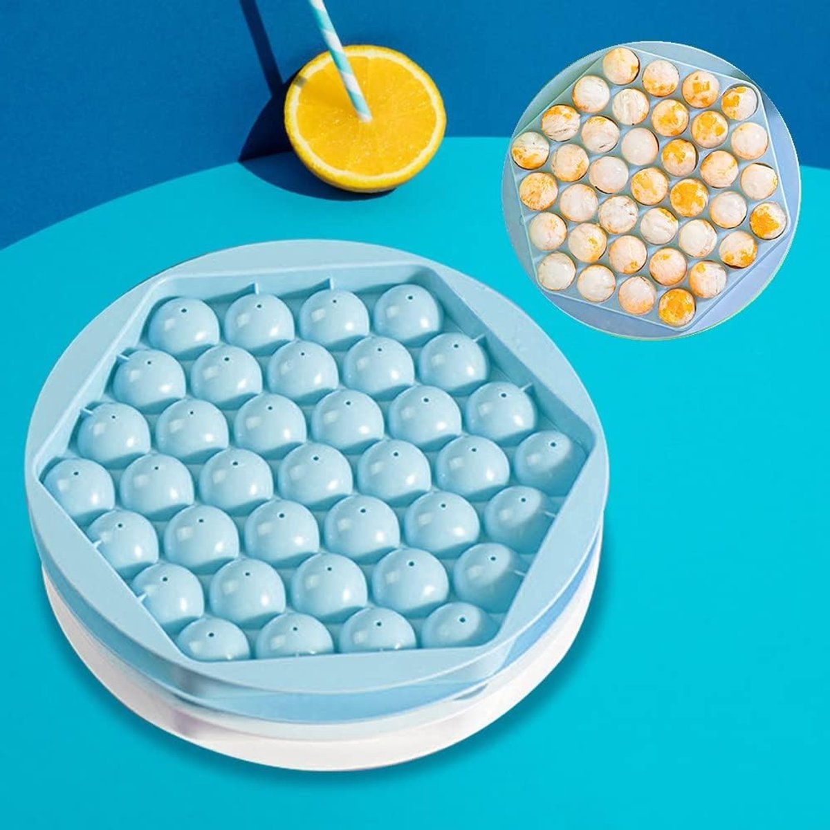 Siliconen IJsbalvorm met Deksel en 37 Compartimenten, BPA-vrij IJsblokjesvorm voor Dranken, Whisky en Fruitijsblokjes - Blauw