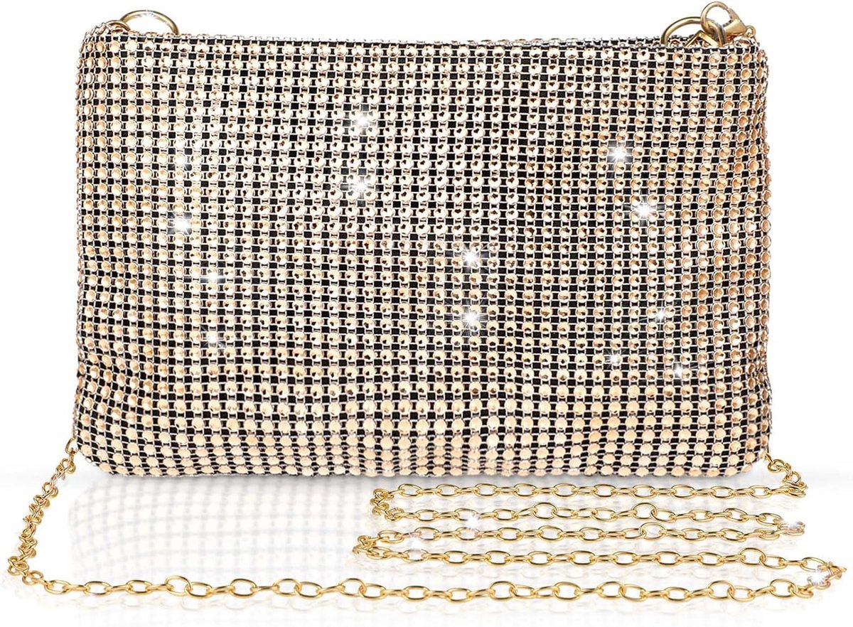 JeiibrZui Dames Glanzende Avond Clutch Tas - 22,5x14 Cm - 1 Stuks Met Ketting - Goud - Strass Handtas Voor Bruiloft Feest Cocktail Gala