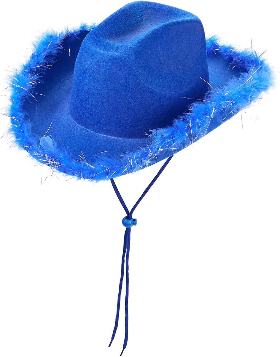JeiibrZui Dames Cowgirl Hoed - 32x42x18 Cm - 1 Stuk - Met Pluizige Veerrand - Wit En Roze Voor Halloween Cosplay Feest