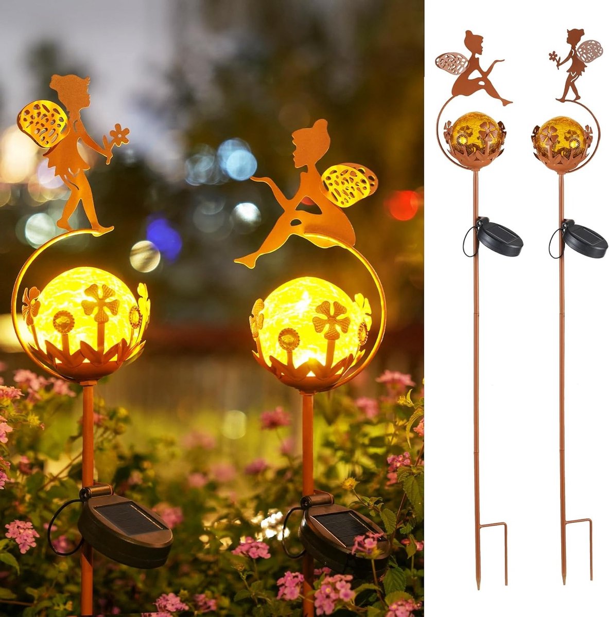 Zonne-energie Tuinverlichting Set van 2, IP65 Waterdicht, LED Tuinlampen voor Buiten, Decoratie voor Balkon en Tuin