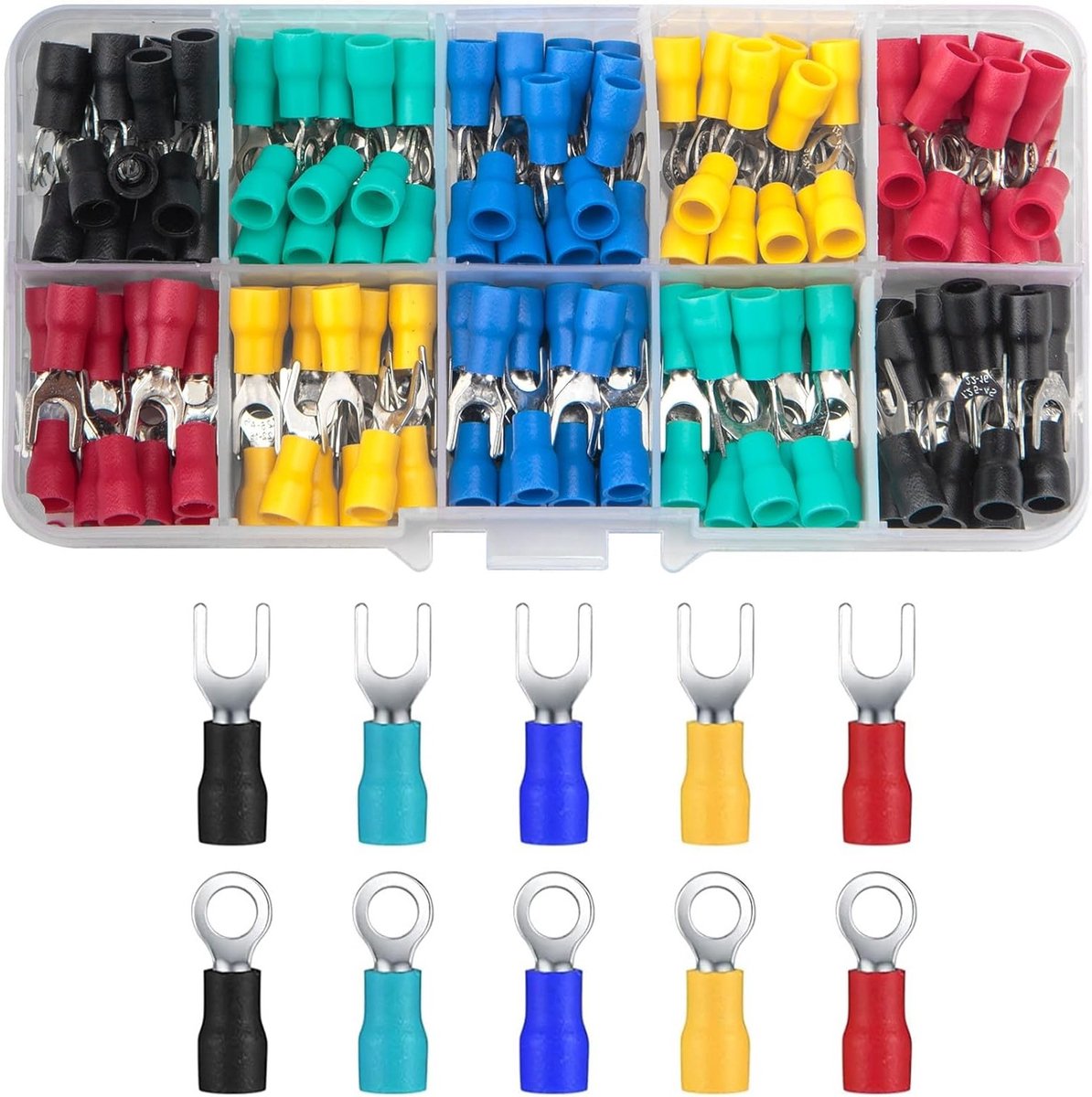 Set van 200 Ring Lugs en Kabelconnectoren - Geïsoleerde Aansluitingen, Drukconnectoren, Compressieconnectoren en Terminalblokken