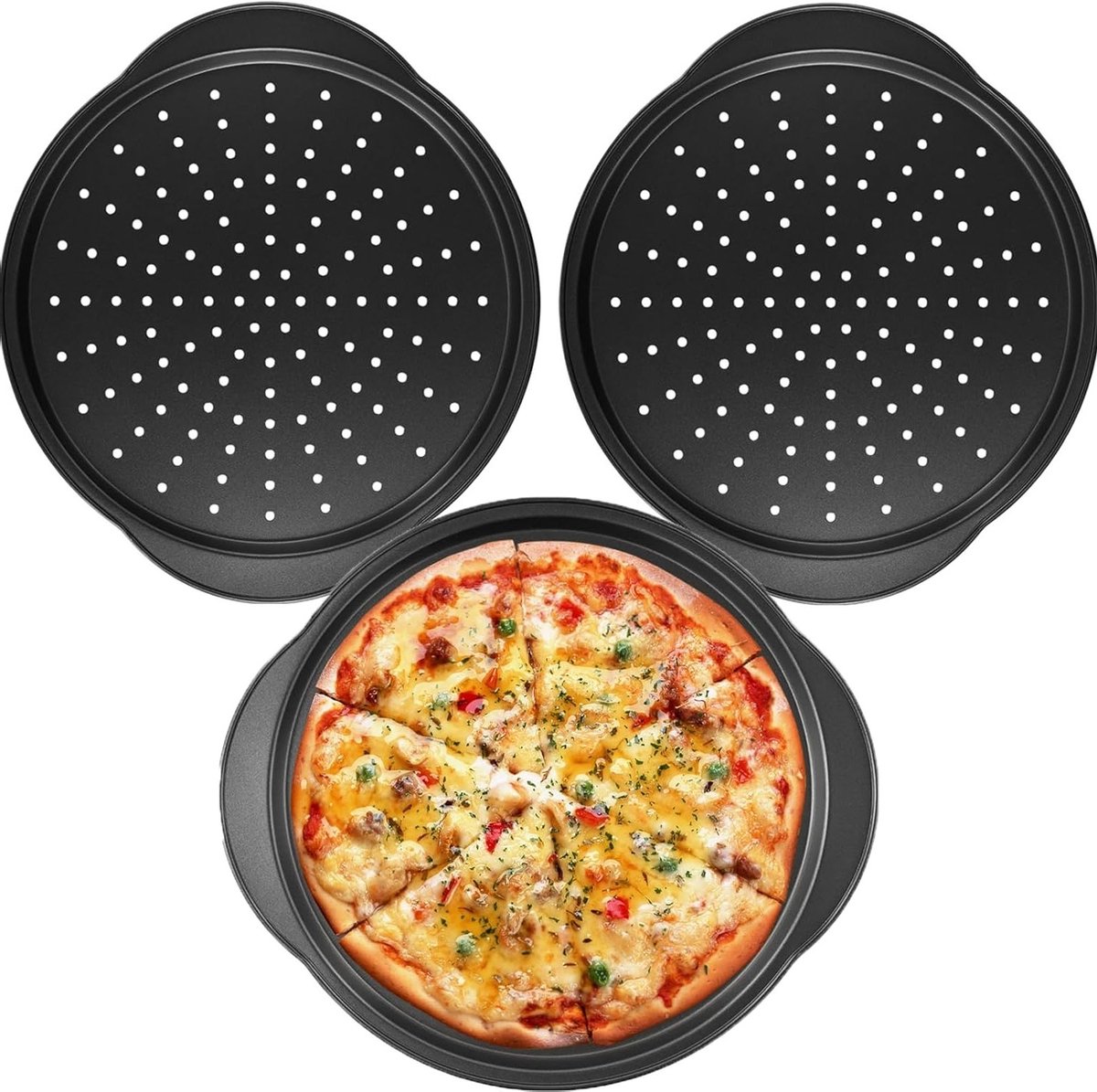 3 Pack 30cm Ronde Pizza Trays met Handvat, Antiaanbak Pizzapan van Koolstofstaal voor Thuisgebruik en Oven met Gaten