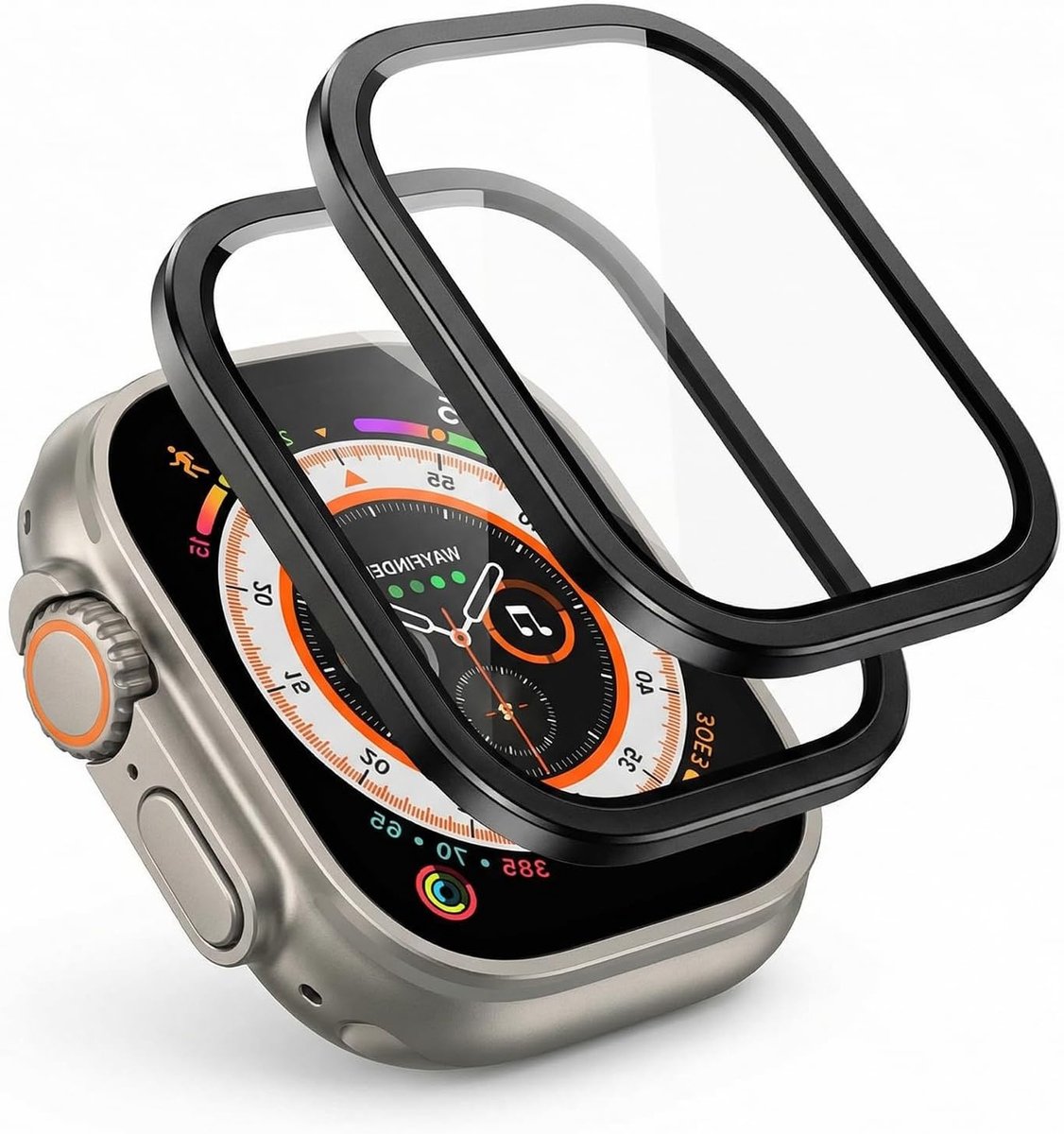Set van 2 gehard glazen schermbeschermers voor Apple Watch 49 mm, krasbestendig en militaire bescherming, aluminium frame, optimale bescherming tegen stoten