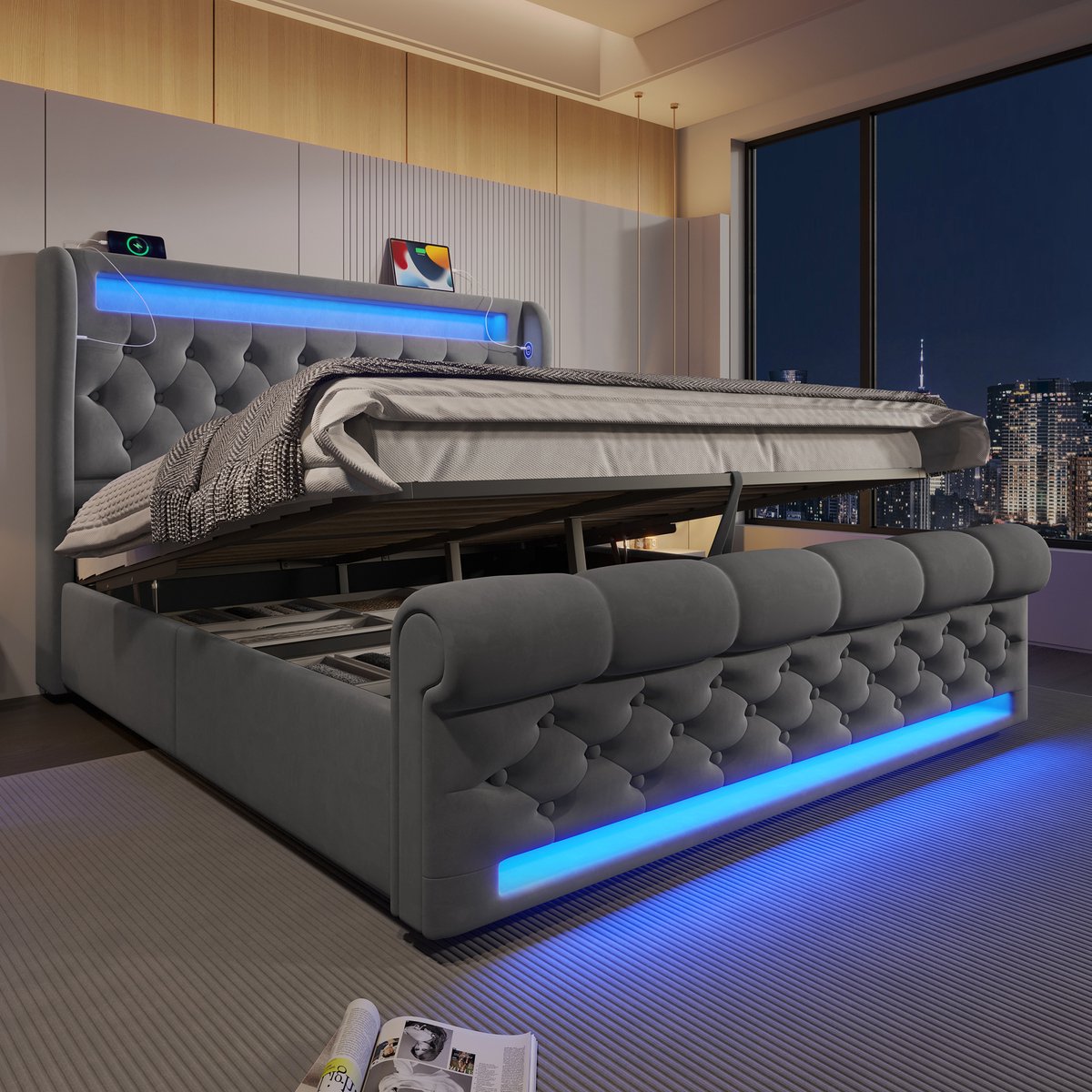 Wishdor Luxe Tweepersoonsbed 140x190 cm - Chesterfield Slee Design met LED & USB - Hydraulische Opbergruimte - Fluweel Grijs