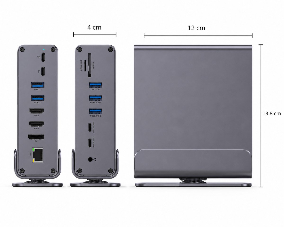 Rolio Laptop USB-C Docking Station - 16 in 1 - Triple Monitor 4K@60Hz (2x HDMI & 1x DisplayPort) - USB 3.2 - 100W Opladen - Hub - 1GB Ethernet thumbnail 8