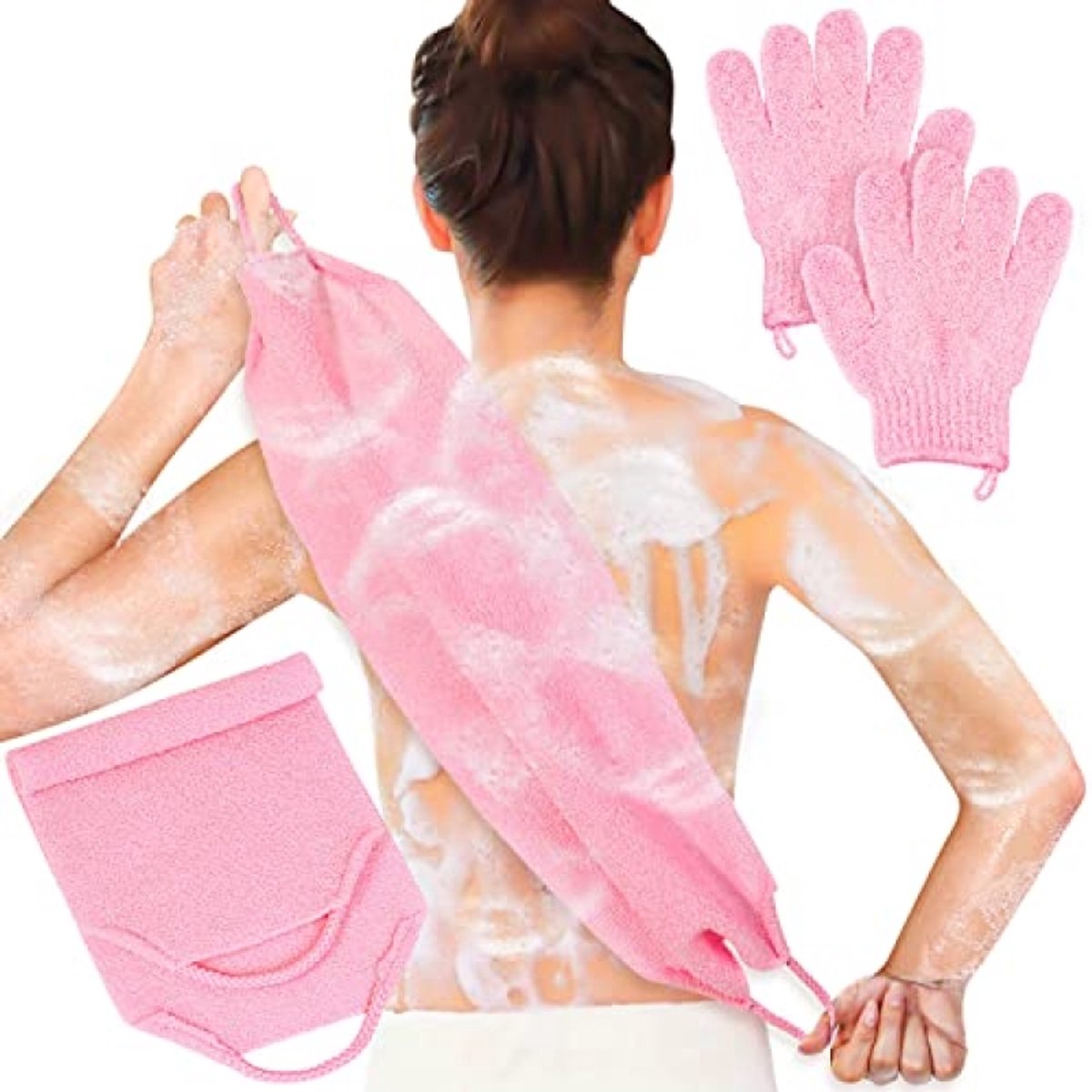 Exfoliërende Douche Bad Handschoenen en Rugschrobber Set voor Lichaam en Gezicht - Roze