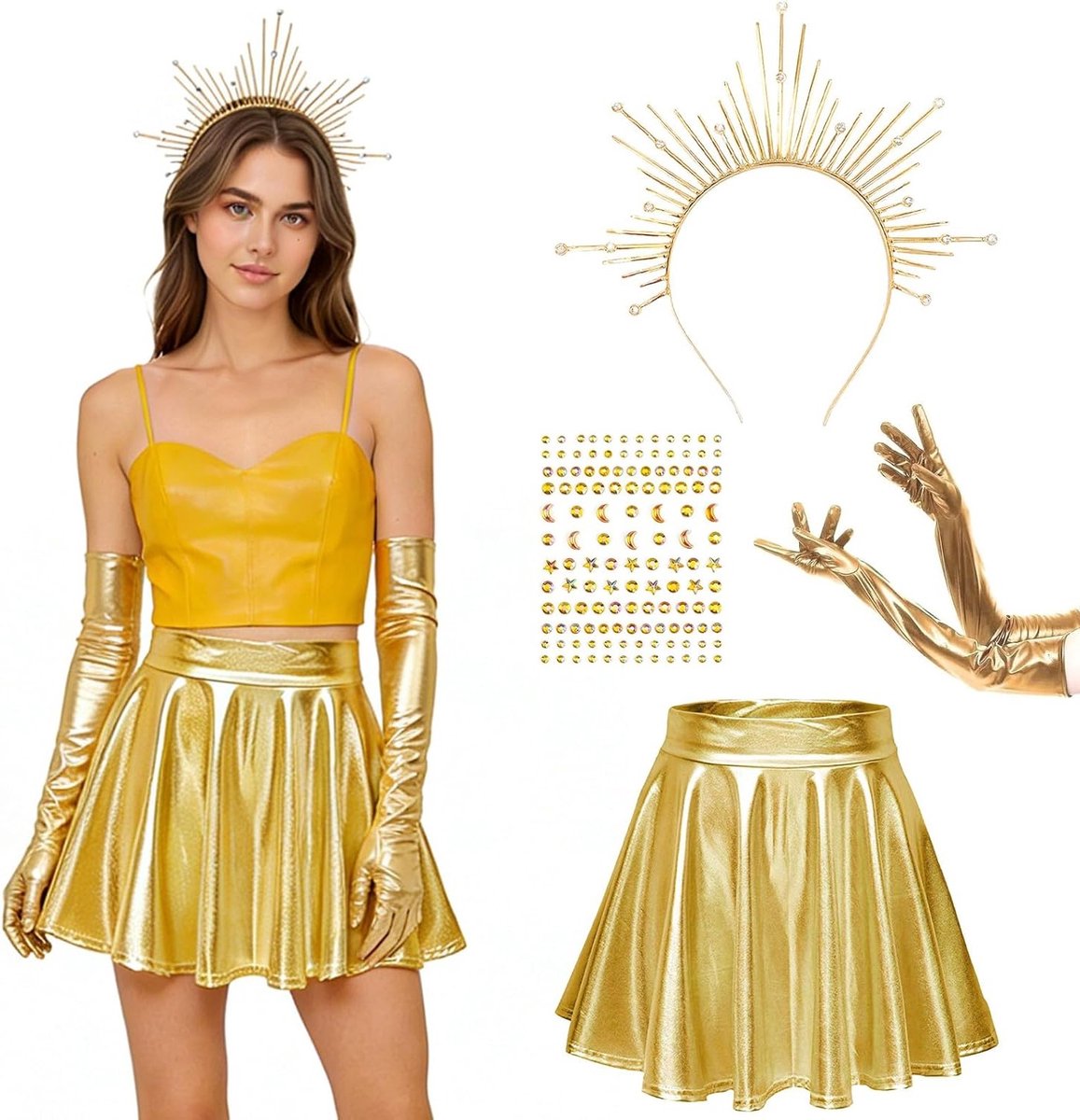 Zon Godin Kostuum Set met Halo Kroon, Metallic Plissé Rok en Glanzende Gouden Tulle Rok voor Carnaval en Themafeesten