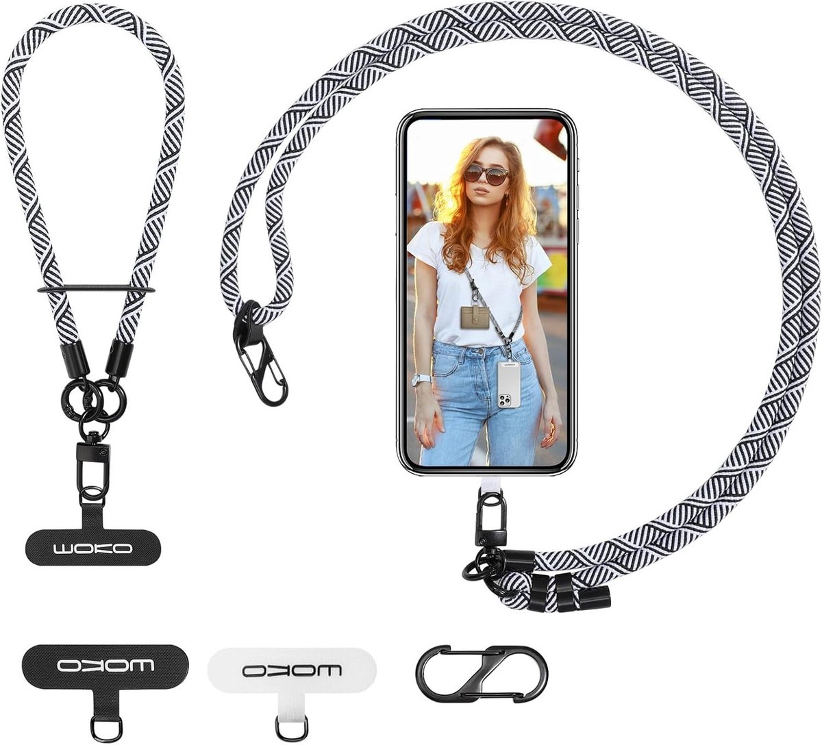 Verstelbare Crossbody Telefoon Lanyard met Polsband, Geschikt voor iPhone en Samsung, Inclusief 2 Patches en S-vormige Veerklem, Zwart en Wit