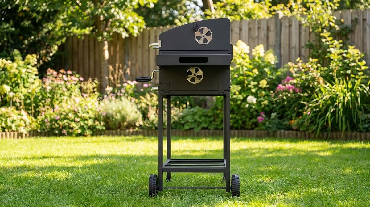 Houtskool Barbecue Grillwagen met Deksel en Thermometer – House&Garden Premium Toronto Style BBQ – Compacte Grill met Warmhoudfunctie, Wielen, Zijtafel en Ventilatie – Buiten Kolenbarbecue voor Tuin & Terras 52x36 cm Grilloppervlak