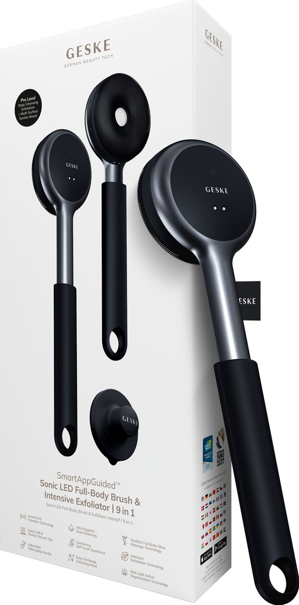 GESKE LED Sonic Full-Body Brush | 9 in 1 | Reinigingsborstel en exfoliator met led | Met SmartSonic-pulsaties | Dieptereiniging en massage | Ruwe huidverwijderaar | Verstelbare handgreep