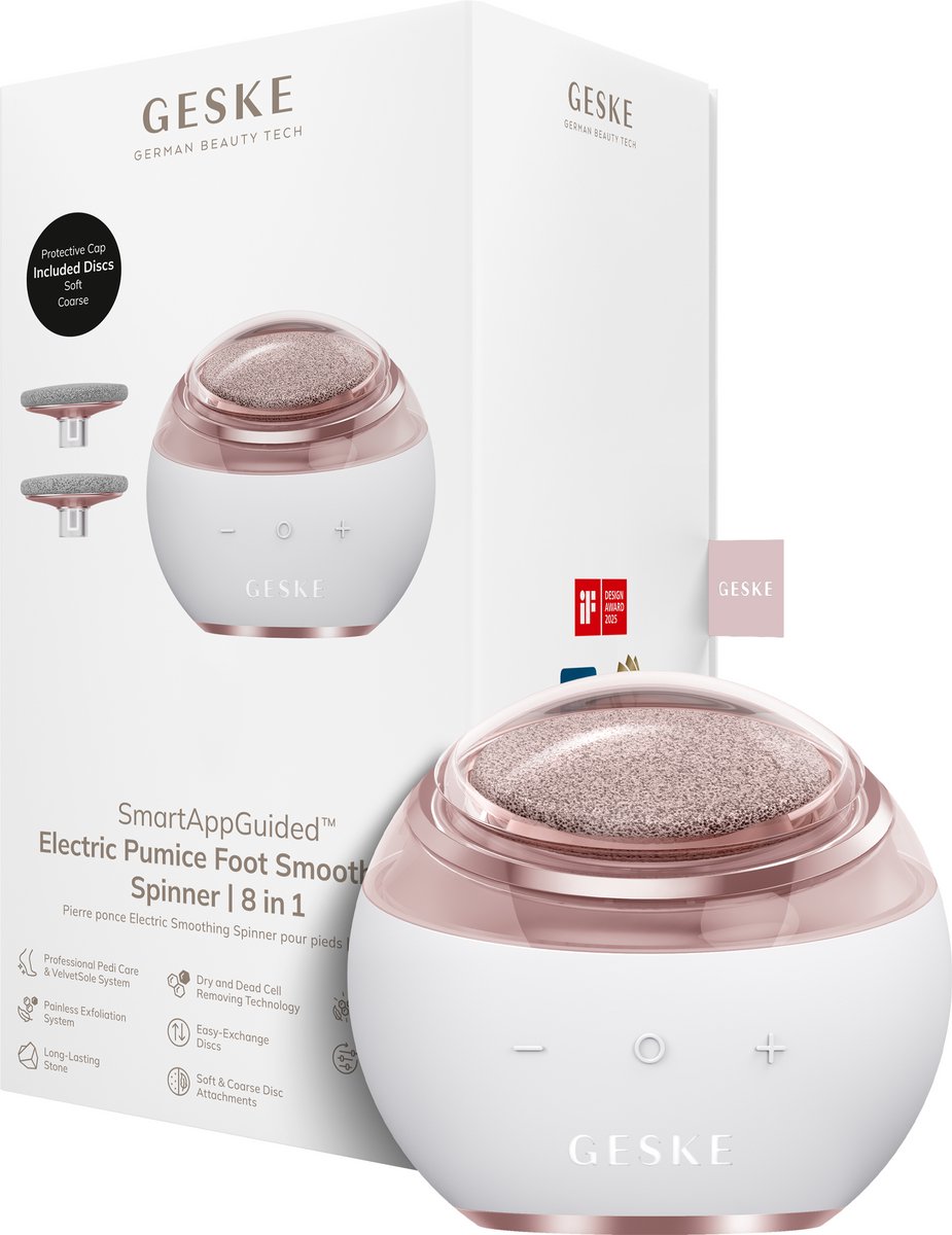 GESKE Electric Pumice Foot Smoothing Spinner | 8 in 1 | Elektrische Voetvijl & Exfoliator met Zachte & Grove Opzetstukken | Langdurige Puimsteen | Voor Zachte Voeten & Pedicure