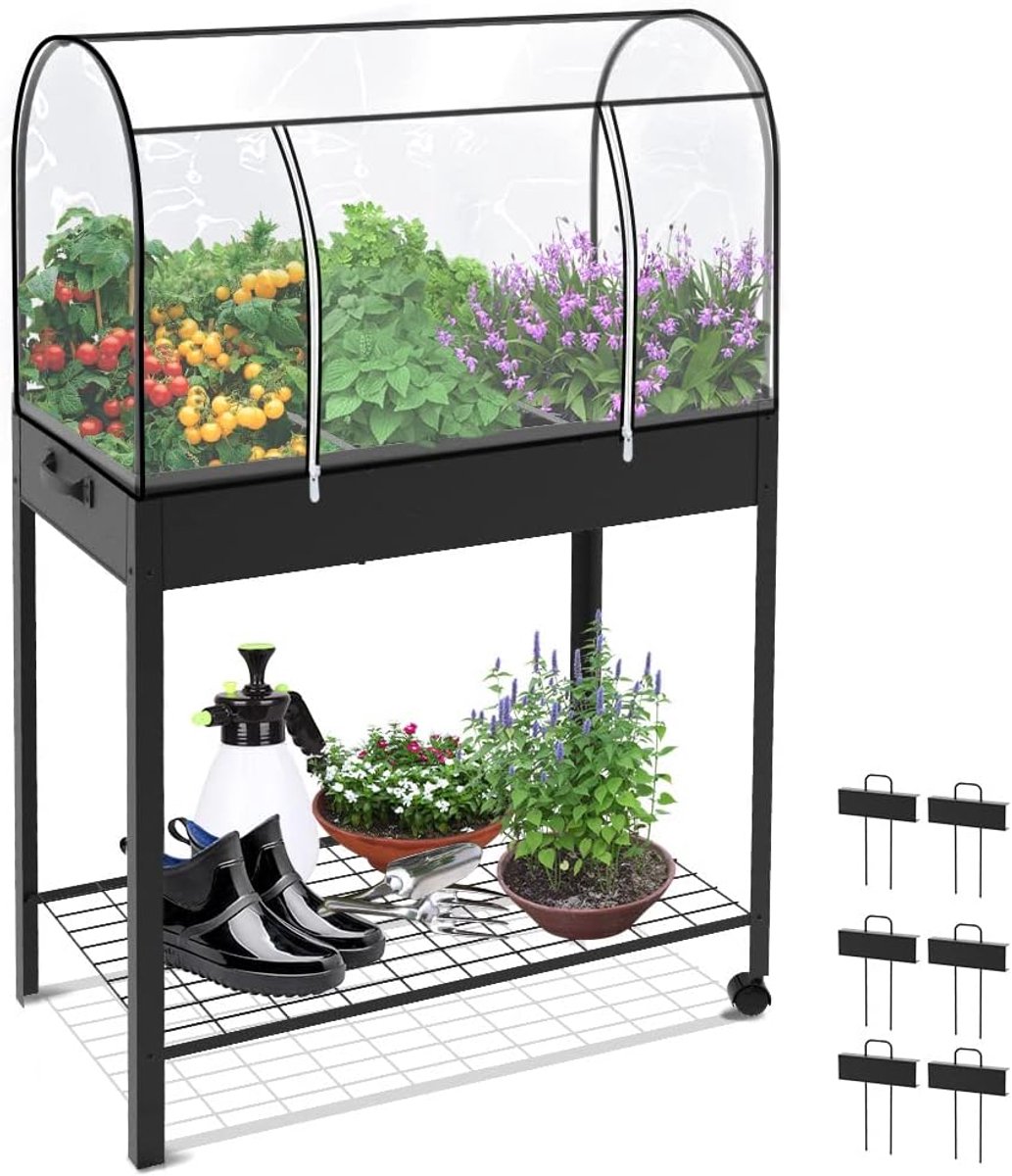 Verhoogde Plantenbak op Wielen - Kweekbak met Kas - 80.5 x 43 x 130 cm - Kruidenbak voor Balkon & Terras - Metalen Moestuinbak - Inclusief Hoes - 6 Gedeelde Roosters - Met Opbergplank - Verrijdbaar - Antraciet - Tuin & Buiten - Kweekkas