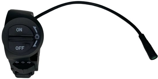 Zwarte stuurcontroller met 'ON' en 'OFF' knoppen voor verlichting en richtingaanwijzers.