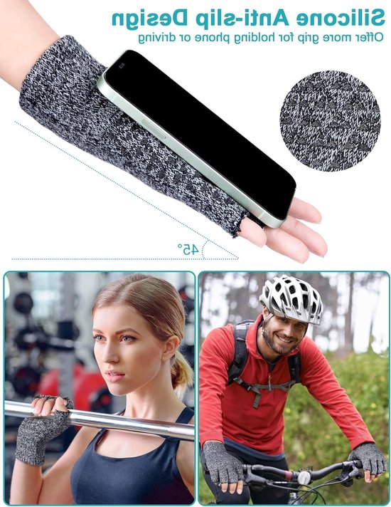 Grijze vingerloze handschoenen met antislip siliconen, gedragen door een vrouw in de sportschool en een man op een fiets.