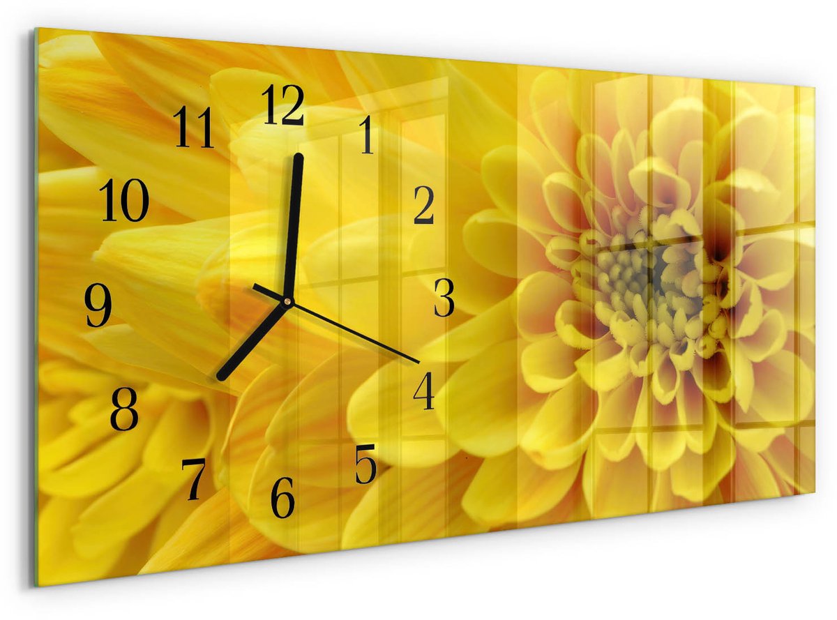 TULUP Wandklok - Chrysant Klok Glas Met Opdruk - 60x30 cm - Geel Moderne Wandklok Glas - Zwarte Handen - Rechthoekige Wandklok - Moderne Wandklok Glas - Wandklok Glas Decoratie Geel - Chrysant