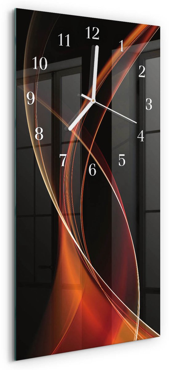 TULUP Wandklok - Abstracte lijnen Wandklok Glas Met Motief - 30x60 cm - Oranje Decoratieve Glazen Klok - Witte Handen - Rechthoekige Wandklok - Wandklok Glas Met Motief - Decoratieve Glazen Klok Oranje - Abstracte lijnen