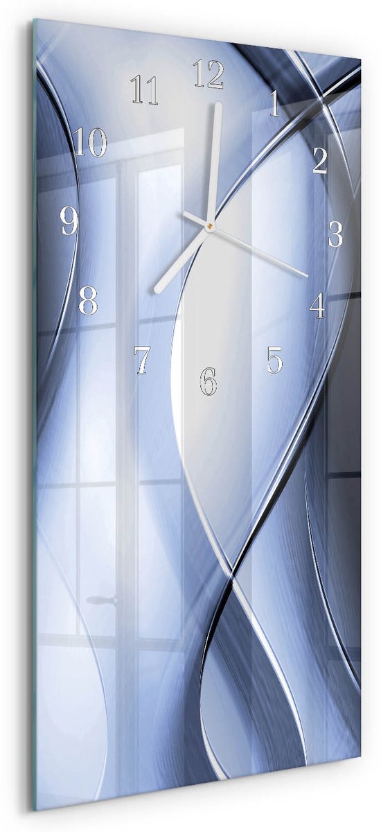 TULUP Wandklok - Abstractie Klok Glas Met Opdruk - 30x60 cm - Blauw Moderne Wandklok Glas - Witte Handen - Rechthoekige Wandklok - Klok Glas Met Opdruk - Moderne Wandklok Glas Blauw - Abstractie