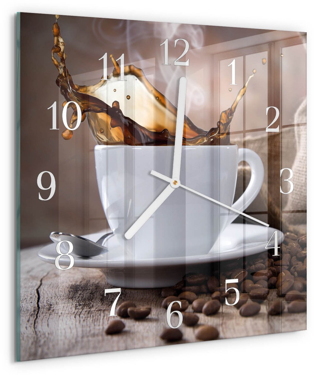 TULUP Wandklok - Koffie Glazen Wandklok Design - 30x30 cm - Bruin Klok Glas Met Opdruk - Witte Handen - Vierkante Wandklok - Gekleurde Glazen Klok - Glazen Klok Met Print Bruin - Koffie