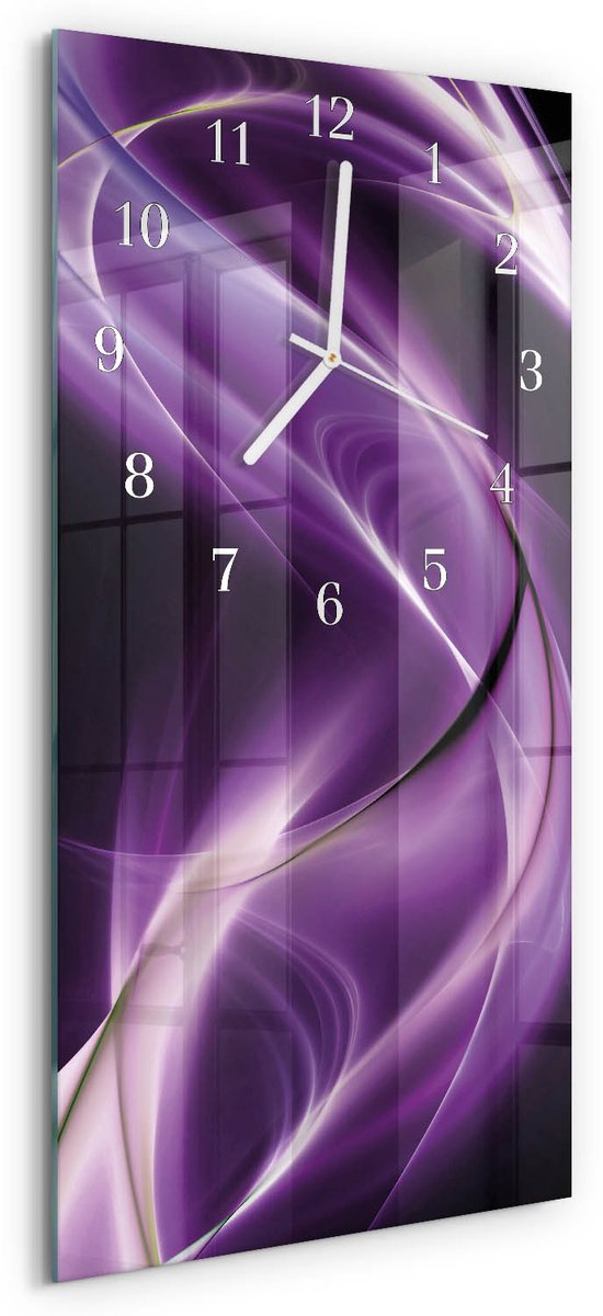 TULUP Wandklok - Golven Glazen Wandklok Design - 30x60 cm - Paars Klok Glas Met Opdruk - Witte Handen - Rechthoekige Wandklok - Decoratieve Glazen Klok - Glazen Wandklok Design Paars - Golven