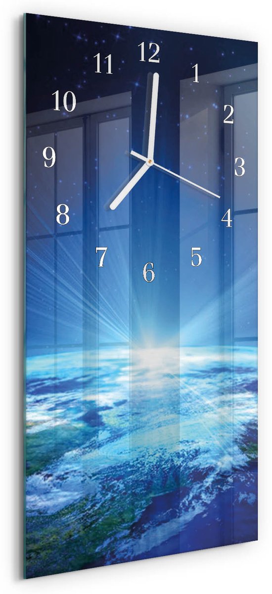 TULUP Wandklok - Het universum van de aarde Wandklok Glas Decoratie - 30x60 cm - Blauw Gekleurde Glazen Klok - Witte Handen - Rechthoekige Wandklok - Moderne Wandklok Glas - Wandklok Glas Decoratie Blauw - Het universum van de aarde