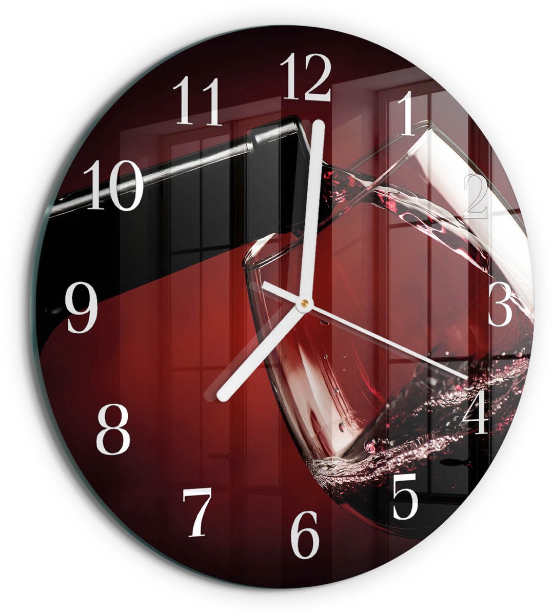TULUP Wandklok - Wijnglas Gekleurde Glazen Klok - 30fi cm - Rood Glazen Klok Met Print - Witte Handen - Ronde Wandklok - Wandklok Glas Decoratie - Gekleurde Glazen Klok Rood - Wijnglas