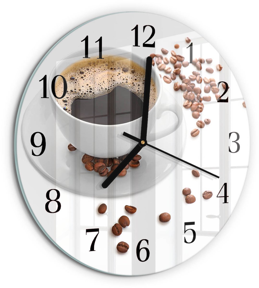 TULUP Wandklok - Koffie Klok Glas Met Opdruk - 30fi cm - Wit Moderne Wandklok Glas - Zwarte Handen - Ronde Wandklok - Wandklok Glas Met Motief - Decoratieve Glazen Klok Wit - Koffie