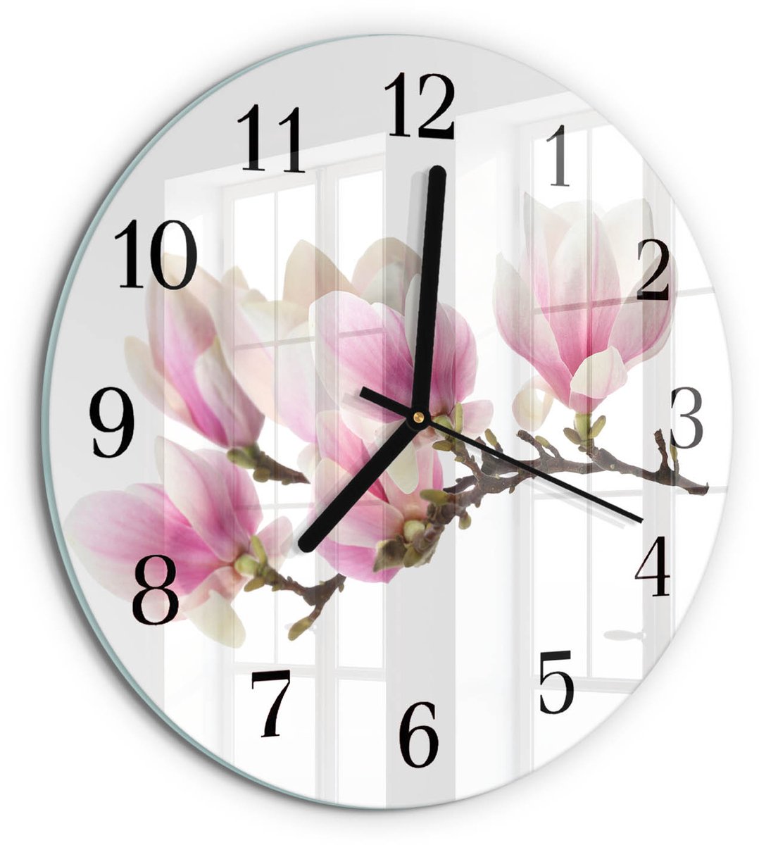 TULUP Wandklok - Magnolia Wandklok Glas Met Motief - 30fi cm - Roze Decoratieve Glazen Klok - Zwarte Handen - Ronde Wandklok - Wandklok Glas Met Motief - Decoratieve Glazen Klok Roze - Magnolia