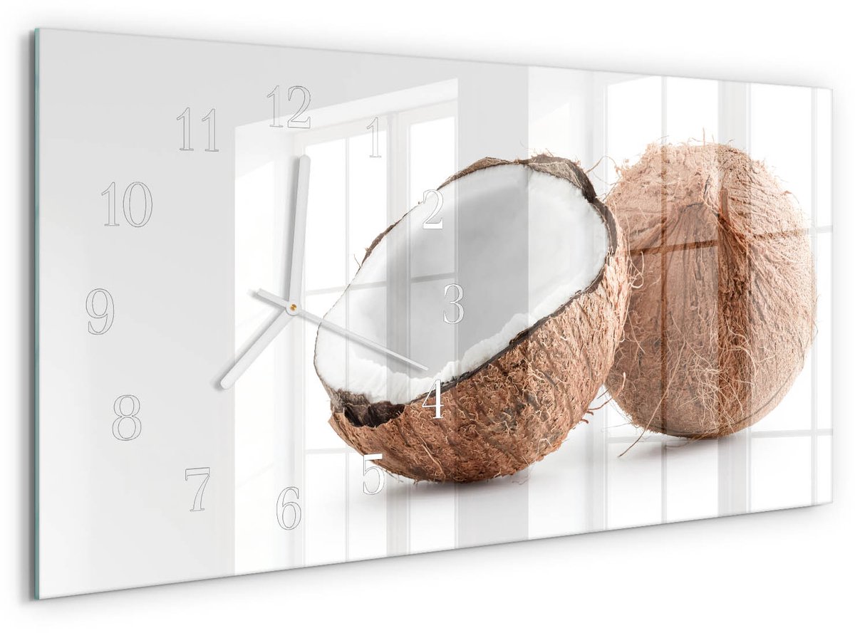 TULUP Wandklok - Kokosnoten Gekleurde Glazen Klok - 60x30 cm - Bruin Glazen Klok Met Print - Witte Handen - Rechthoekige Wandklok - Gekleurde Glazen Klok - Glazen Klok Met Print Bruin - Kokosnoten