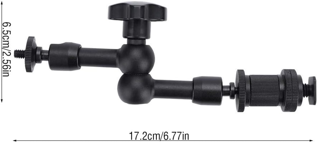 Een cameraarm Geschikt voor een 360°-kogelgewricht en 1/4"-20 schroeven, Geschikt voor spiegelreflexcamera's en monitoren.