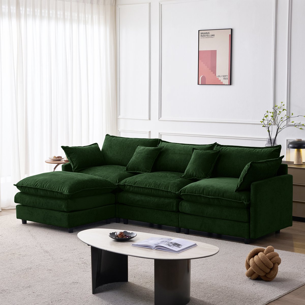REDOM L-vormige Hoekbank + Sofa - Modulair - 3-zits met hocker - Zachte chenille bekleding met pocketveren - Groen - 267 x 154 x 85 cm