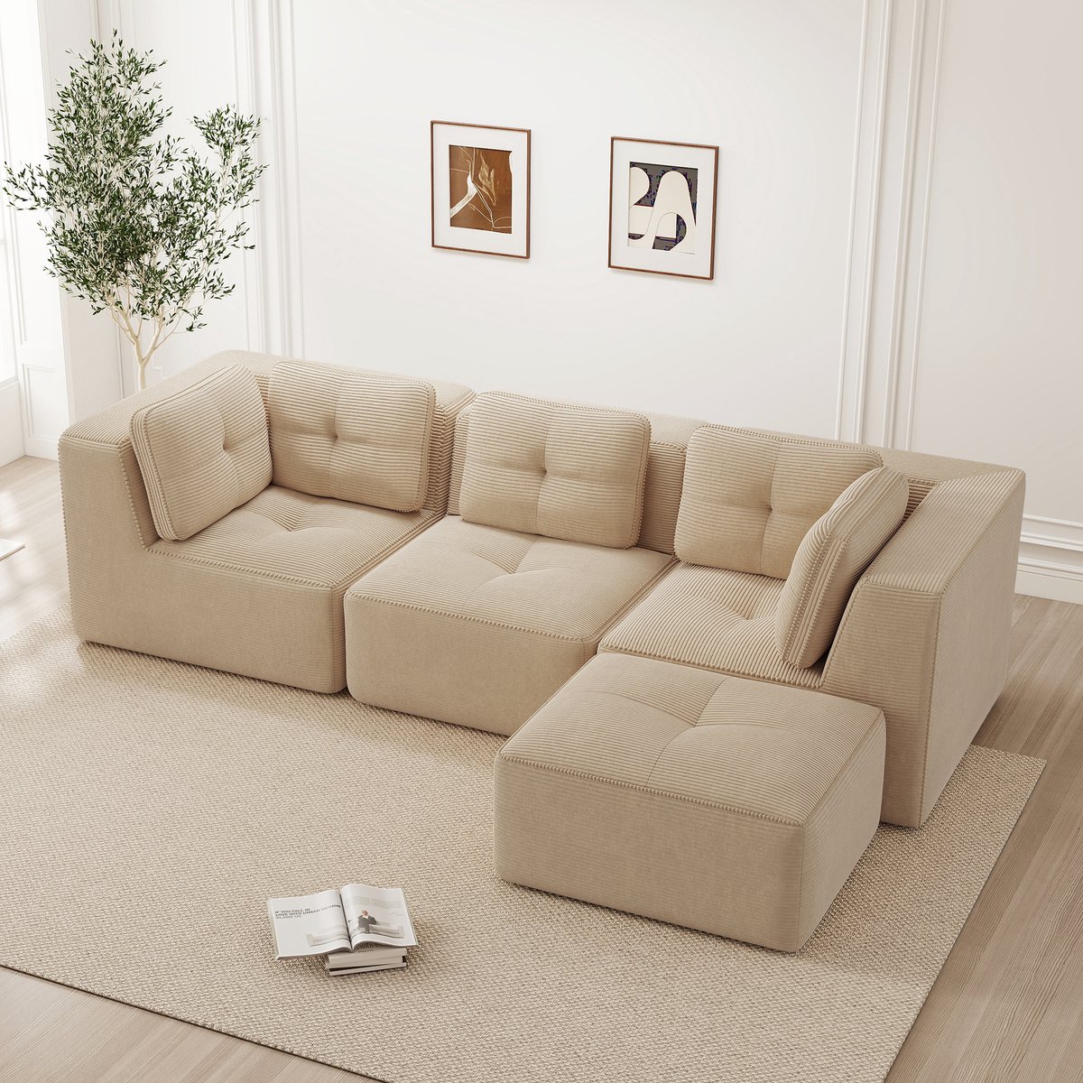 REDOM Modulaire 3-Zits Hoekbank – Zonder Montage – Ribfluweel Bekleding – Beige – 297 x 177 x 69 cm