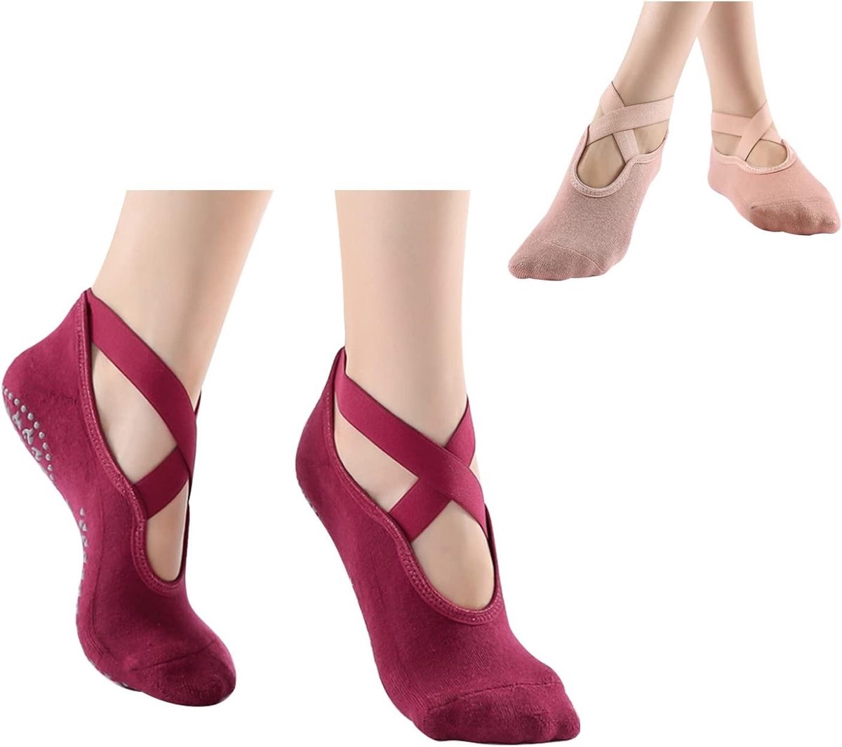 Yogasokken 2 paar, antislip sportsokken voor dames en meisjes, ideaal voor pilates en yoga - wijnrood+roze met elastische kruisbanden