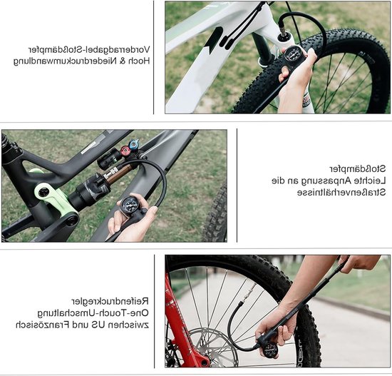 3-in-1 Fietspomp voor Voorvork en Achtervering - Hoge Druk Pomp tot 300 PSI met Manometer en Ventielknop, Compact en Draagbaar voor Fietsen en Banden — afbeelding 3