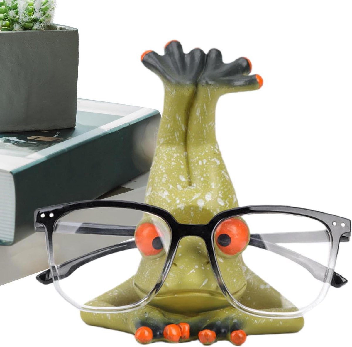Brilhouder Kikker - Brillenstandaard - Bureau Decoratie - Handgemaakt Hars - 13 cm Hoog - Groen Oranje