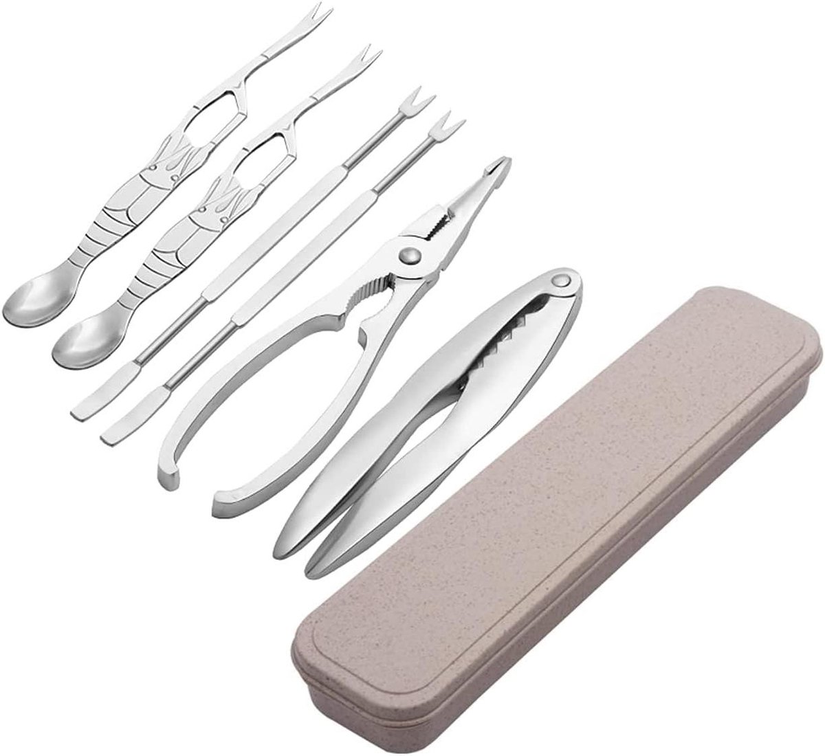 Zeevruchten Gereedschap - Schaaldieren Set - Eten Bereiden - 6 Delige Set - Inclusief Opbergdoos - Zilver