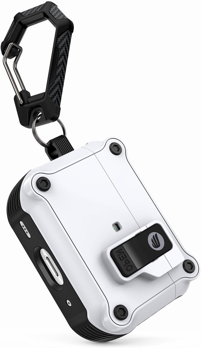 Beschermhoes voor AirPods 4 - Schokbestendige en valbestendige case met carabiner, volledige bescherming en telefoonhouder, Wit