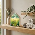 Zeri geluidshuisje met bloemenveld print op een houten plank in een badkamer.
