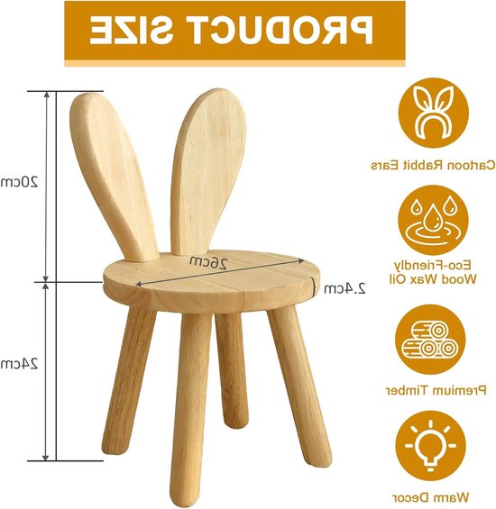 Houten Kinderstoel met Hare Oren, Stevige Constructie, Geschikt voor Kinderen van 1-6 Jaar, 25 cm Zithoogte, Antislip en Stabiliteit voor Peuters in de Kinderkamer, Schattige Stoel voor Creatieve Spelletjes van Merkloos — afbeelding 2