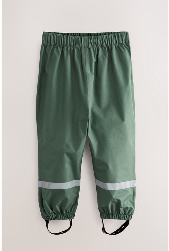 Groene regenbroek met elastische tailleband, enkels en reflecterende strepen.
