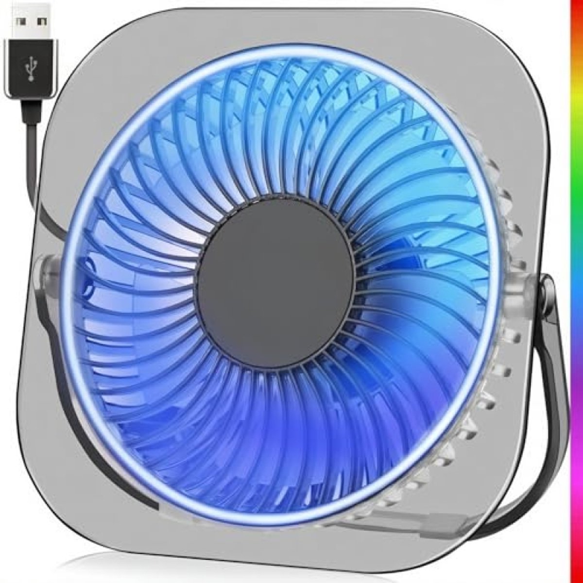 Kleine USB tafelventilator - 3 snelheden, kantelbaar, rustige werking en sfeerverlichting
