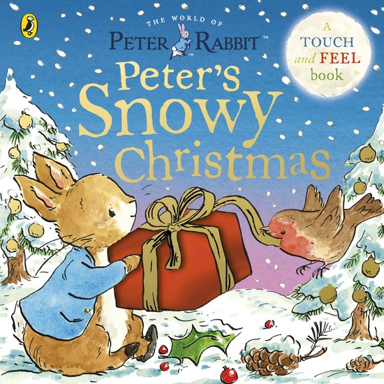Pierre Lapin dans une veste bleue avec un cadeau. Un rouge-gorge picore le ruban. Un livre à toucher.