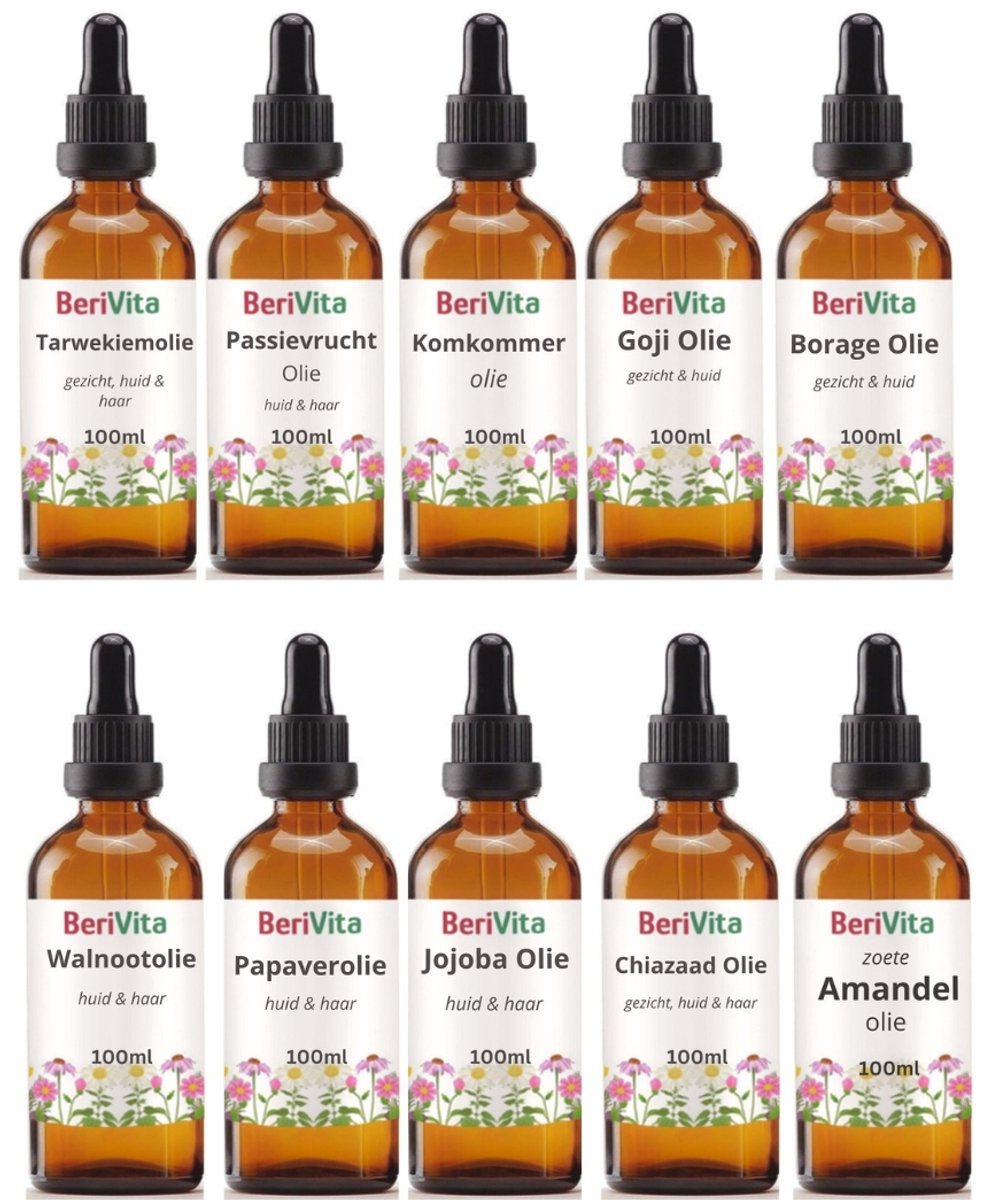 Probeerset XL Natuurlijke Olie 10x100ml Pipetfles - Amandel, Borage, Chia, Goji, Jojoba, Komkommer, Papaver, Passievrucht, Tarwekiem en Walnoten - Huidolie - Haarolie - Natuurlijke Verzorging