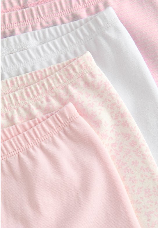 Drie leggings in zachtroze, wit en een met bloemenprint. Elastische tailleband.