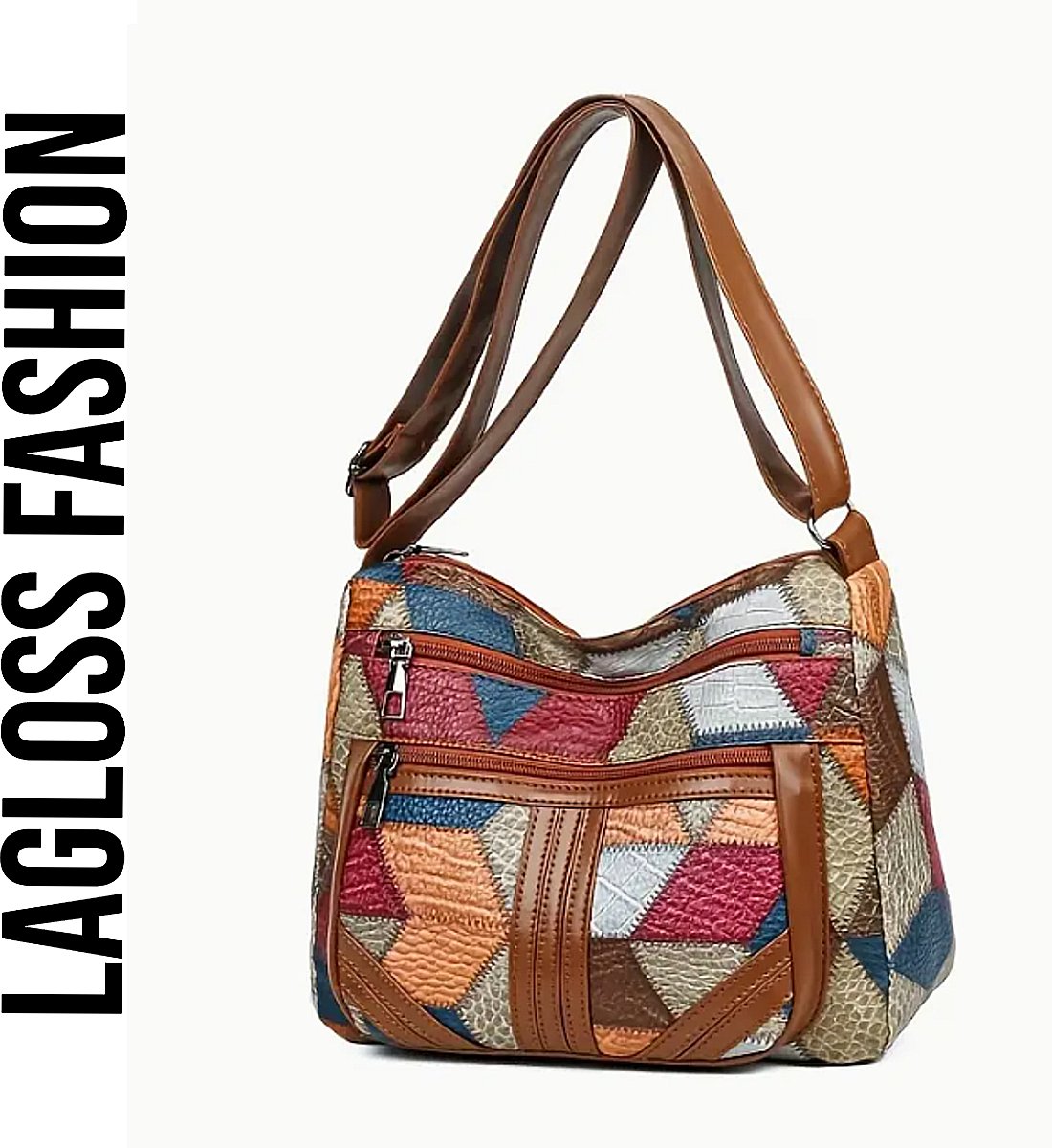LaGloss® Geometrisch Patroon Schoudertas – Verstelbare Crossbody Tas met Veilige Ritssluiting – Lichtgewicht & Modieus in Blauw, Oranje, Beige en Bruin