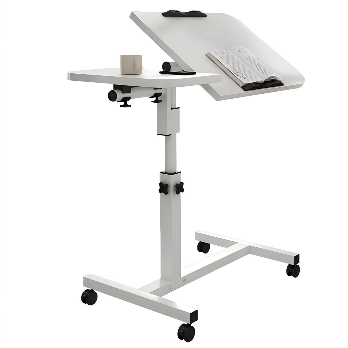 Mobiel Sta-Bureau - Verstelbaar Rollend Laptopbureau met Kantelblad & Lade - Voor Slaapkamer & Woonkamer - Wit